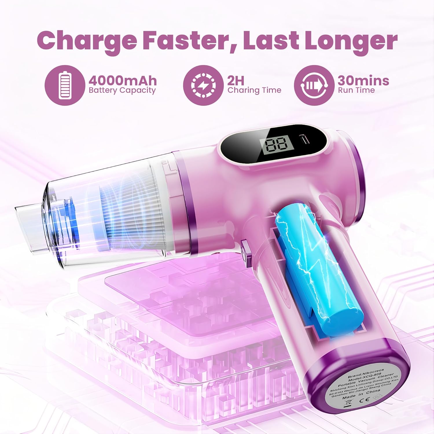 Women-Friendly Cordless Pink Car Vacuum Cleaner 